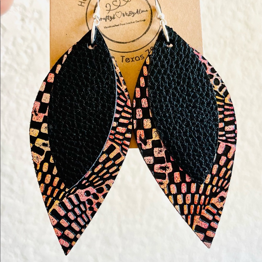 Double Long Leaf Embossed Shiny Tri-Colors Pink,Gold, Black Small Leaf Earrings